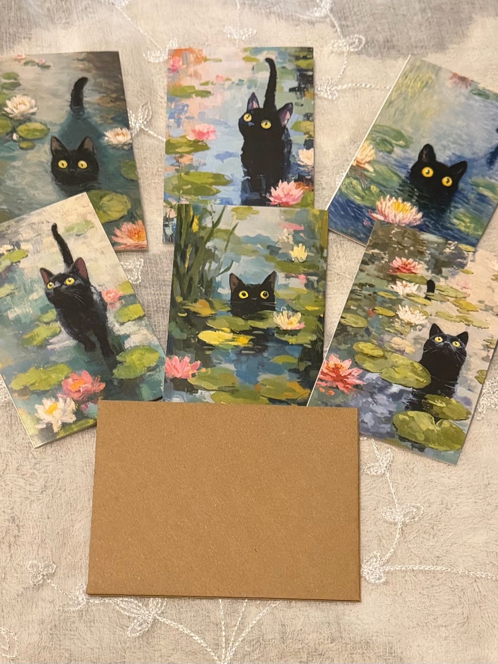 Black Cat Waterlilies Note Cards - Set of 6